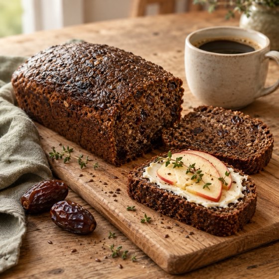 Skivat glutenfritt dadelbröd, en skiva med färskost och äpple (serveringsförslag)