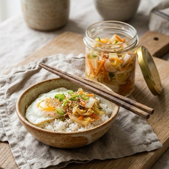 Mild kimchi på ris med stekt ägg och sesamfrön, öppen burk bredvid (serveringsförslag)
