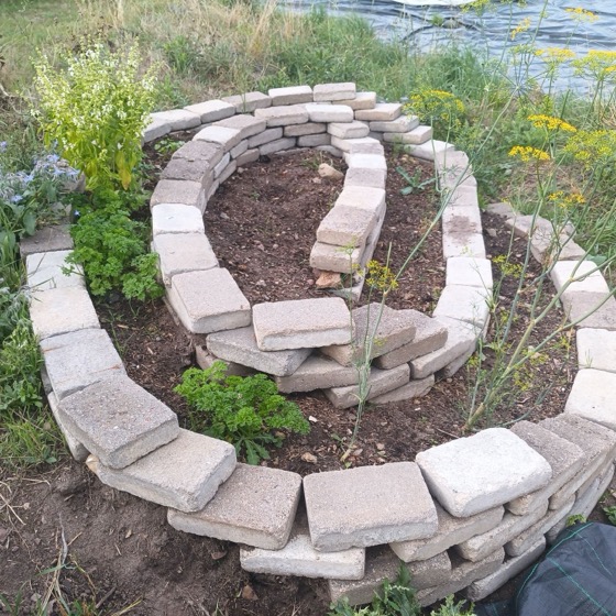 Örtspiral av gamla stenar med persilja, gurkört och blommande kryddväxter på odlingen i Vintrie