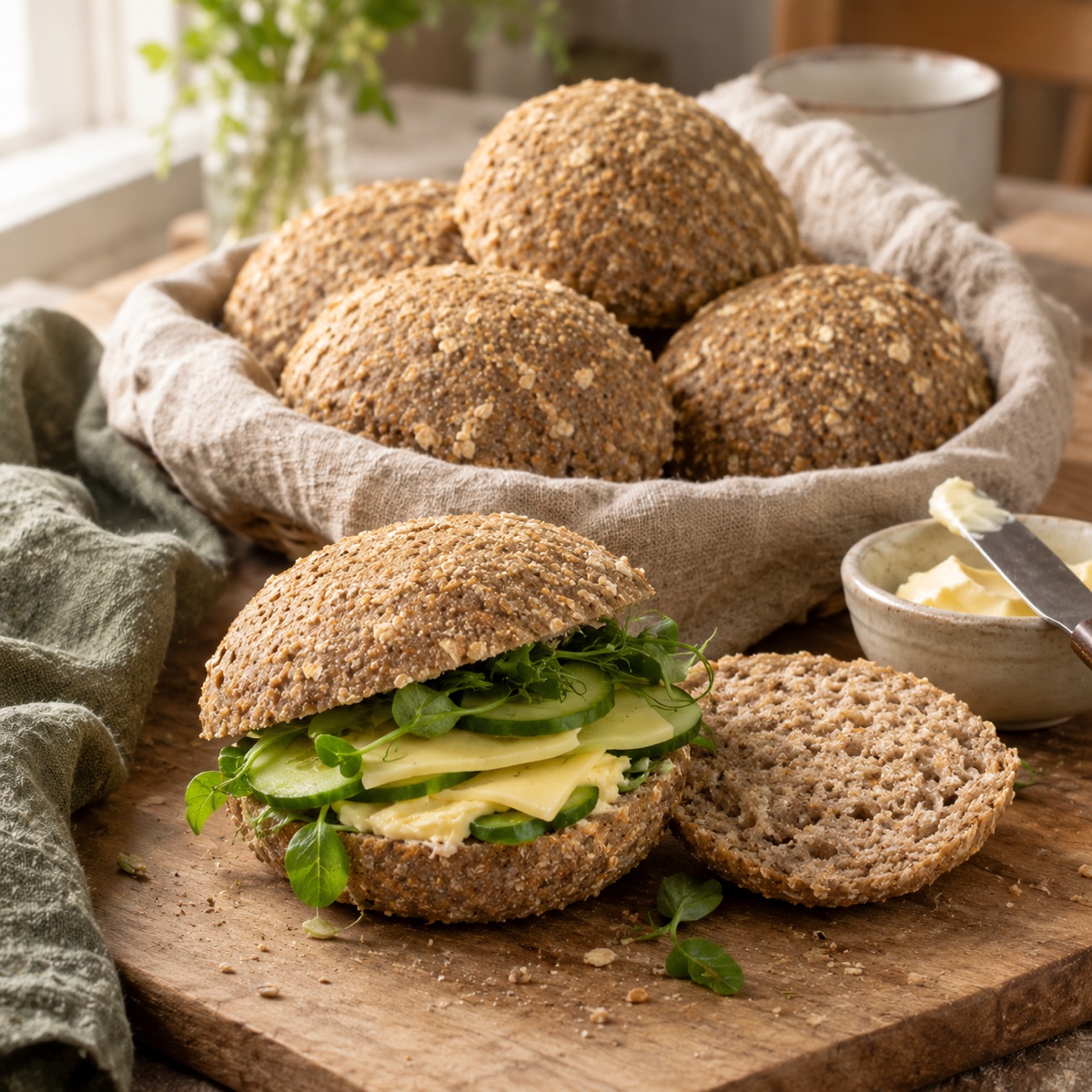 Kalljästa glutenfria bovete- och havrebullar i en brödkorg, en bulle med ost, gurka och ärtskott (serveringsförslag)