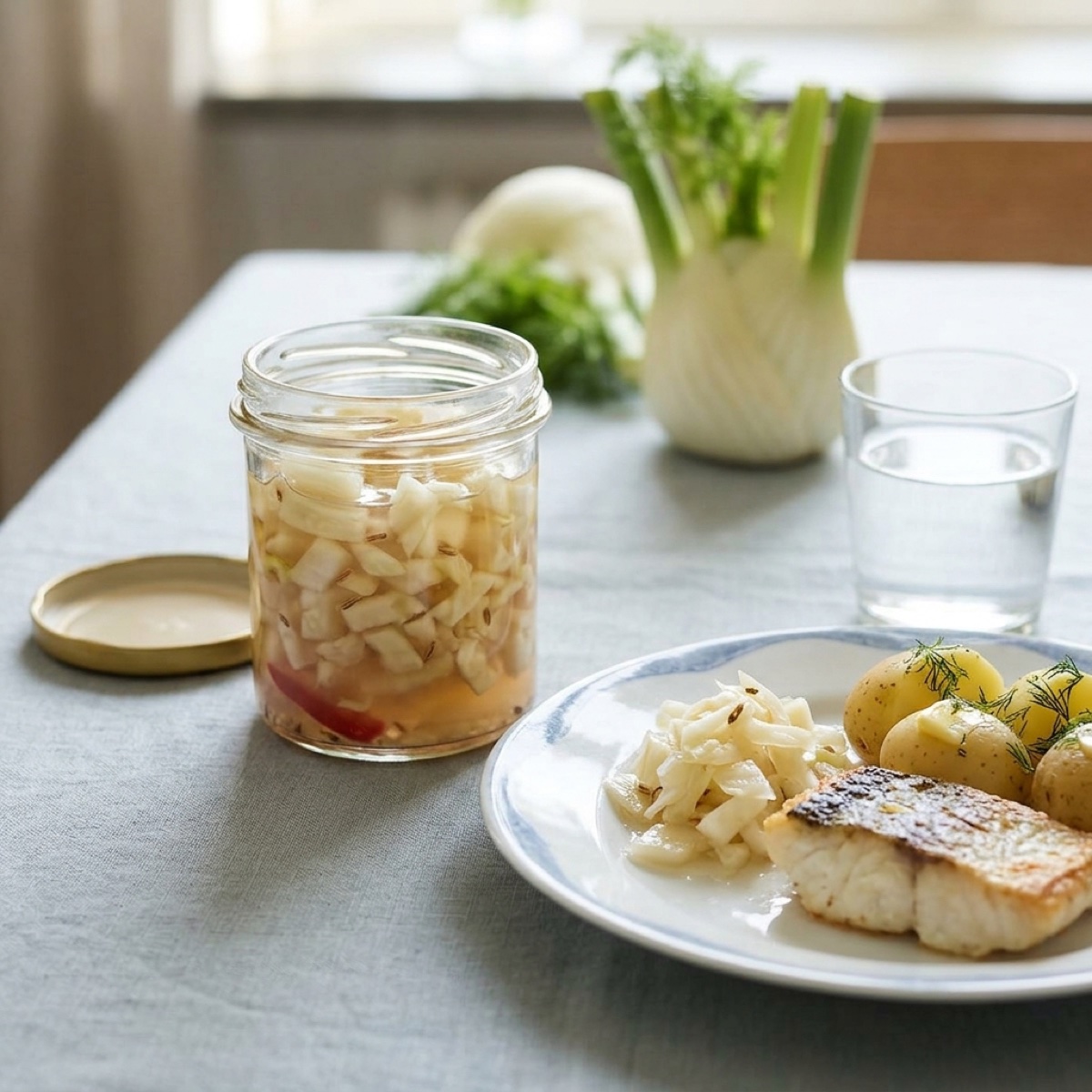 Fermenterad fänvitkål till stekt fisk och färskpotatis med dill (serveringsförslag)