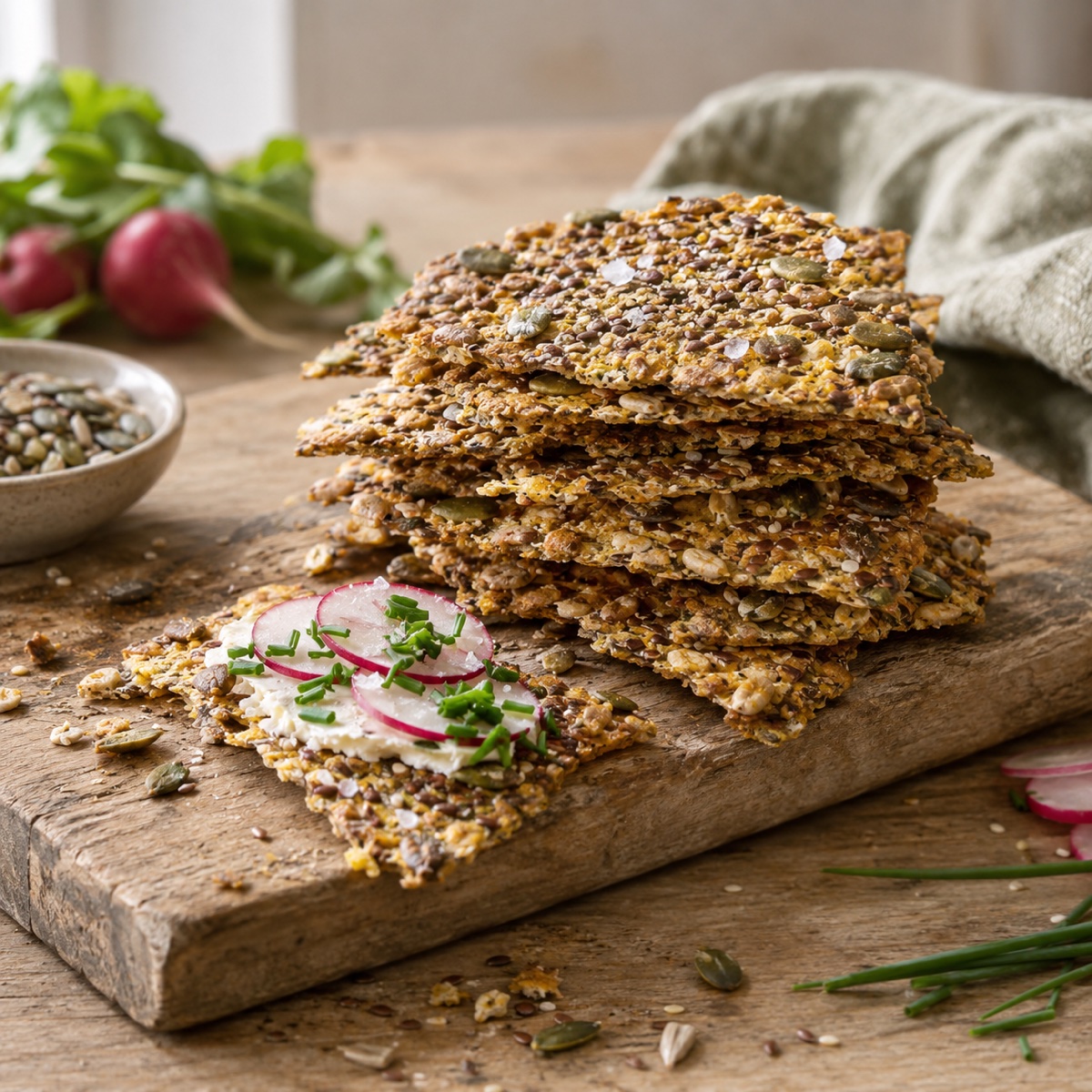 Hög med glutenfritt fröknäcke, en bit med färskost, rädisor och gräslök (serveringsförslag)