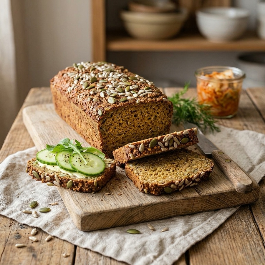 Skivat glutenfritt havrebröd med frön på en skärbräda