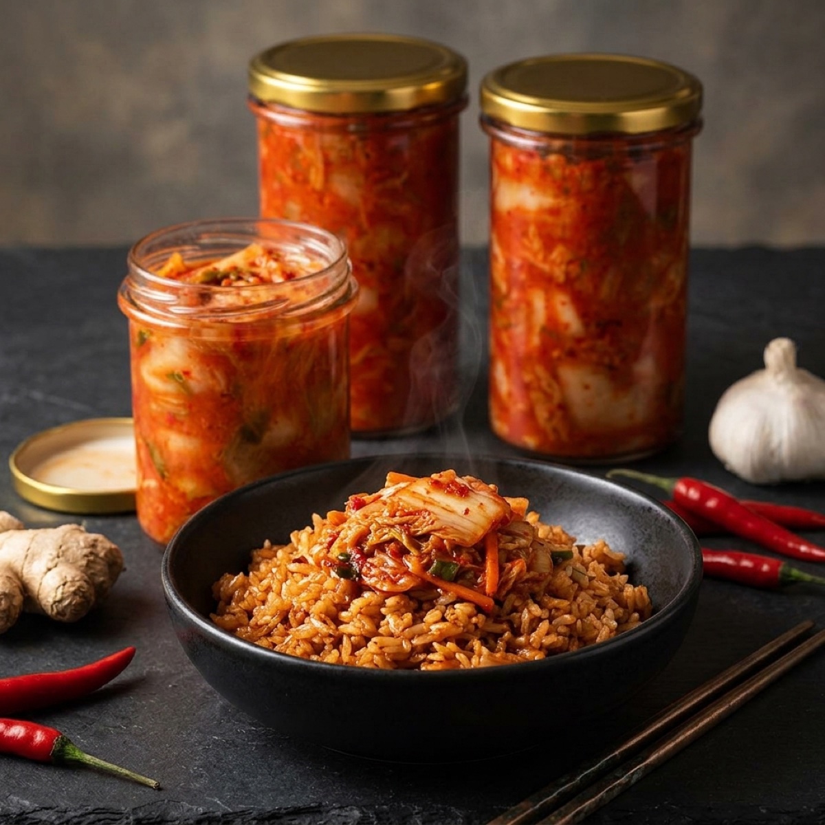 Stekt ris med medelstark kimchi, burkar, chili, ingefära och vitlök (serveringsförslag)